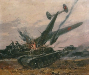 Мальцев Петр Тарасович (1907 – 1993) - картины художника. Вражеский танк подбит.