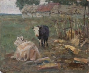 Будихин Виктор Алексеевич (1925 - 2005) - картины художника. Пейзаж с коровами г. Воскресенск.